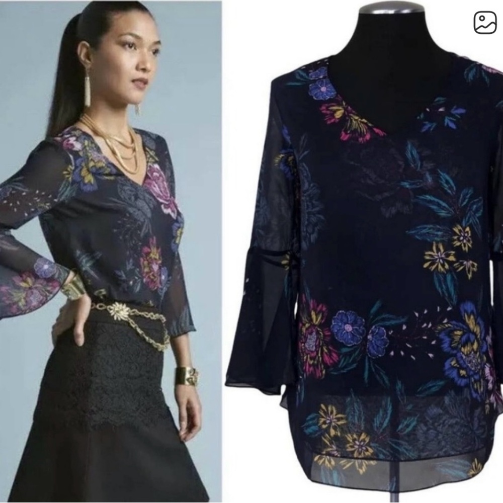 CAbi Blue Floral Sheer sleeved Blouse